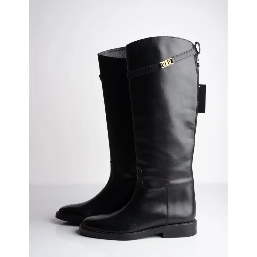 Massimo Dutti Womens Knee High Leather Riding Boots Black US 9 EU 40 NWD